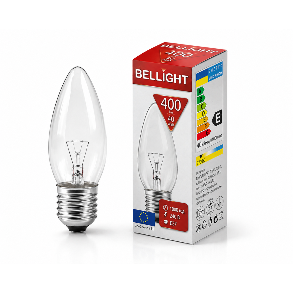 Лампа накаливания свеча С35 230V 40W Е27