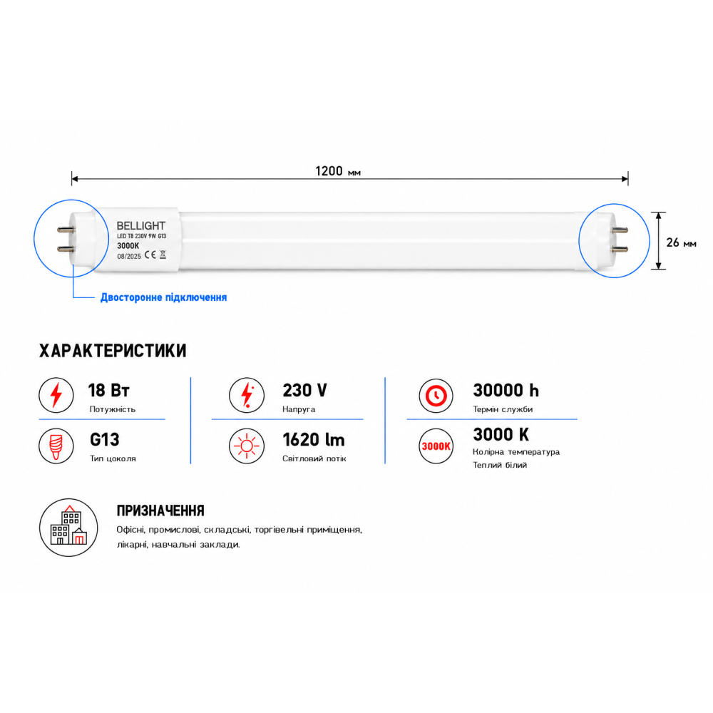Лампа светодиодная линейная LED T8 230V 18W G13  3000K двухстороннее подключение