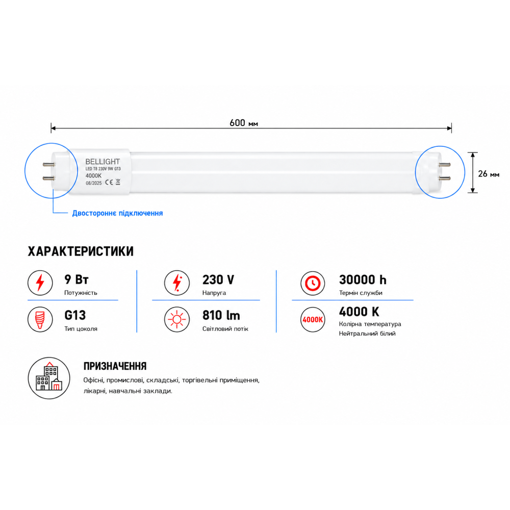 Лампа светодиодная линейная LED T8 230V 9W G13  4000K двусторонние подключение