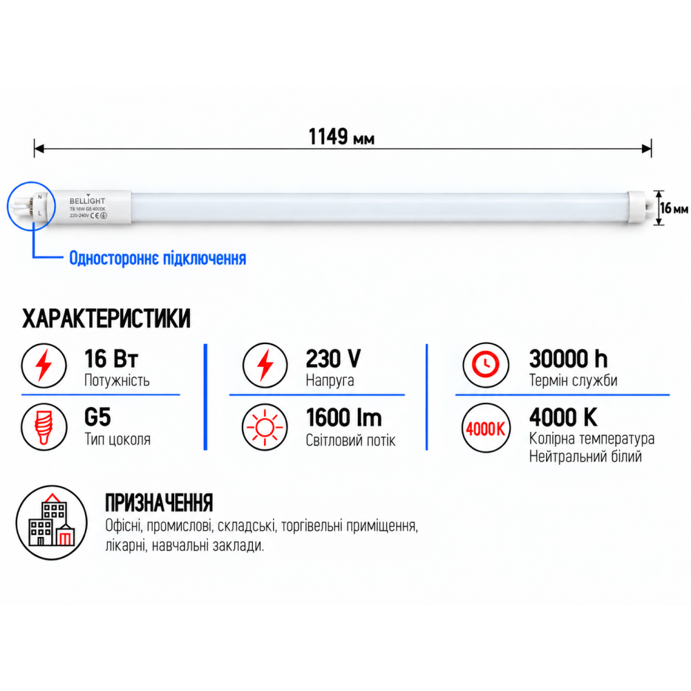 Лампа LED T5 230V 16W ​​4000K 1149 мм одностороннее подключение