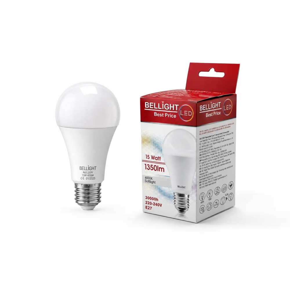 Лампа светодиодная LED A60 220V 15W E27 4000K