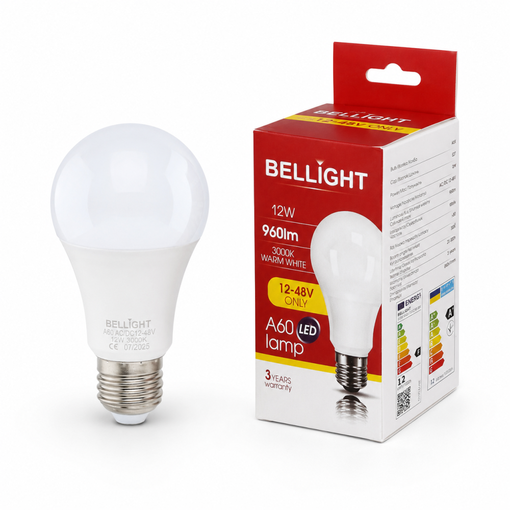 Лампа низковольтная LED A60 12-48V 12W E27 3000K светодиодная