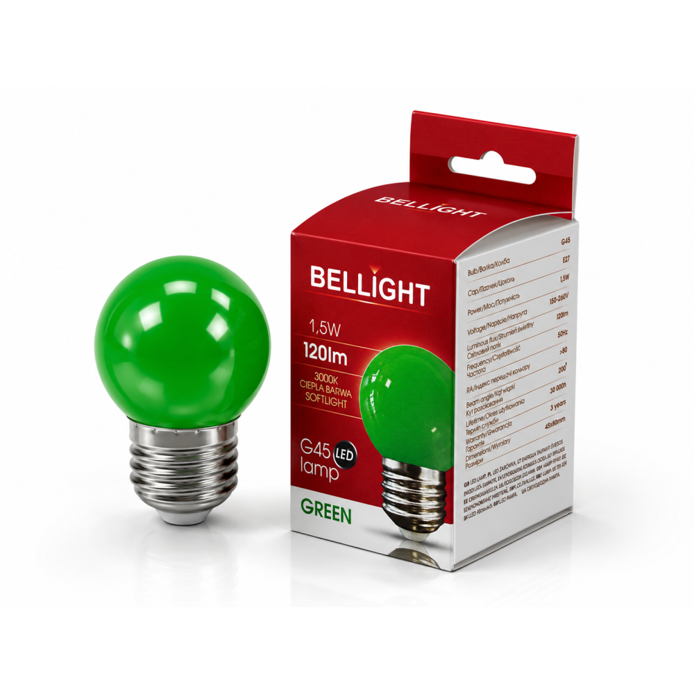 Лампа светодиодная LED G45 220V 1,5W E27 3000K зеленая