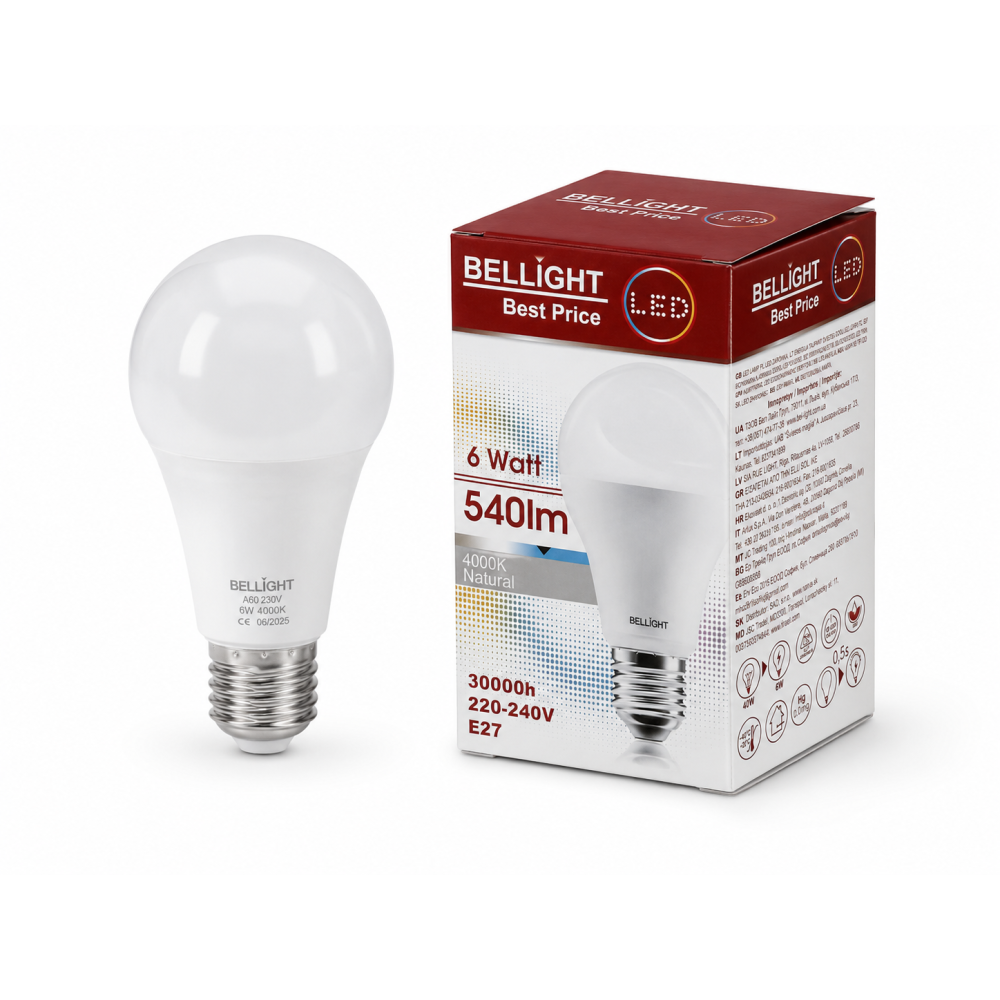 Лампа светодиодная LED A60 220V 6W E27 4000K