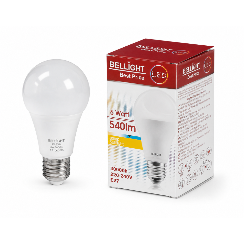 Лампа светодиодная LED A60 220V 6W E27 3000K