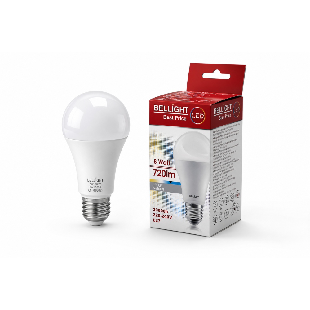 Лампа светодиодная LED A60 220V 8W E27 4000K