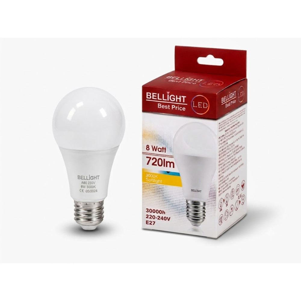 Лампа светодиодная LED A60 220V 8W E27 3000K