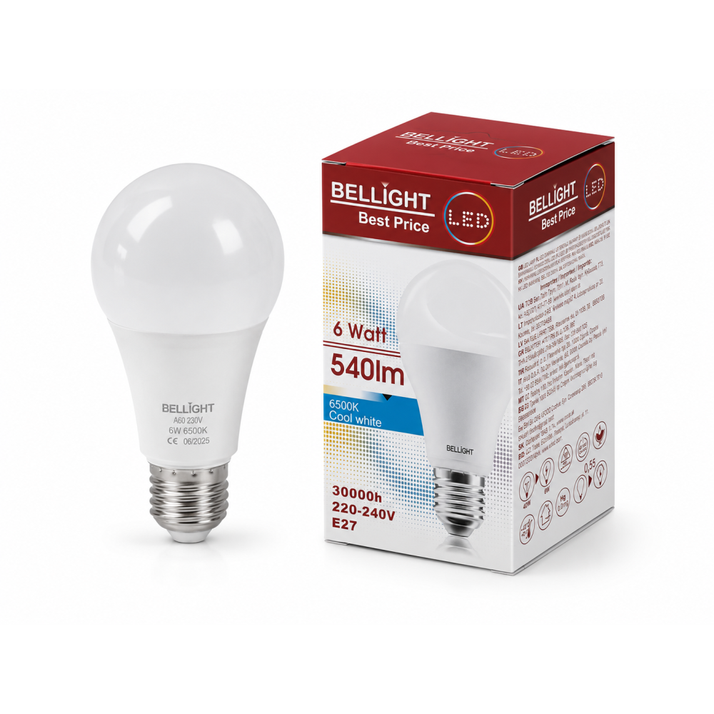 Лампа светодиодная LED A60 220V 6W E27 6500K