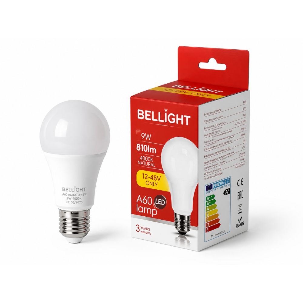 Лампа низьковольтна LED A60 12-48V 9W E27 4000K світлодіодна