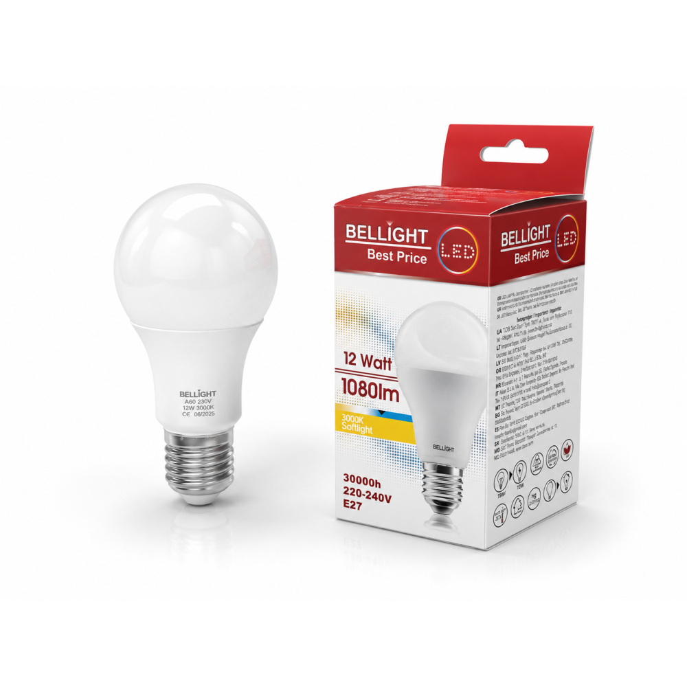 Лампа светодиодная Bellight LED A60 220V 12W E27 3000K