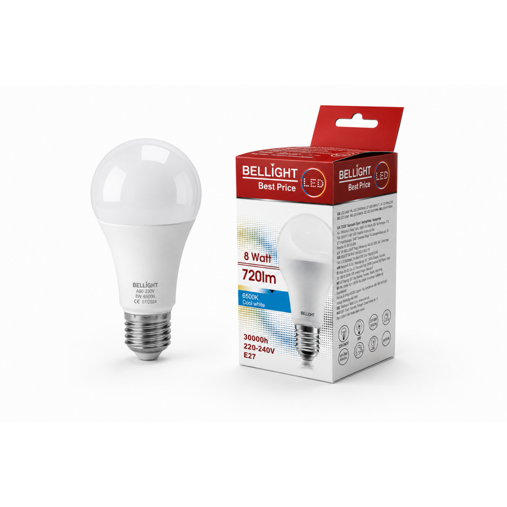 Лампа светодиодная LED A60 220V 8W E27 6500K
