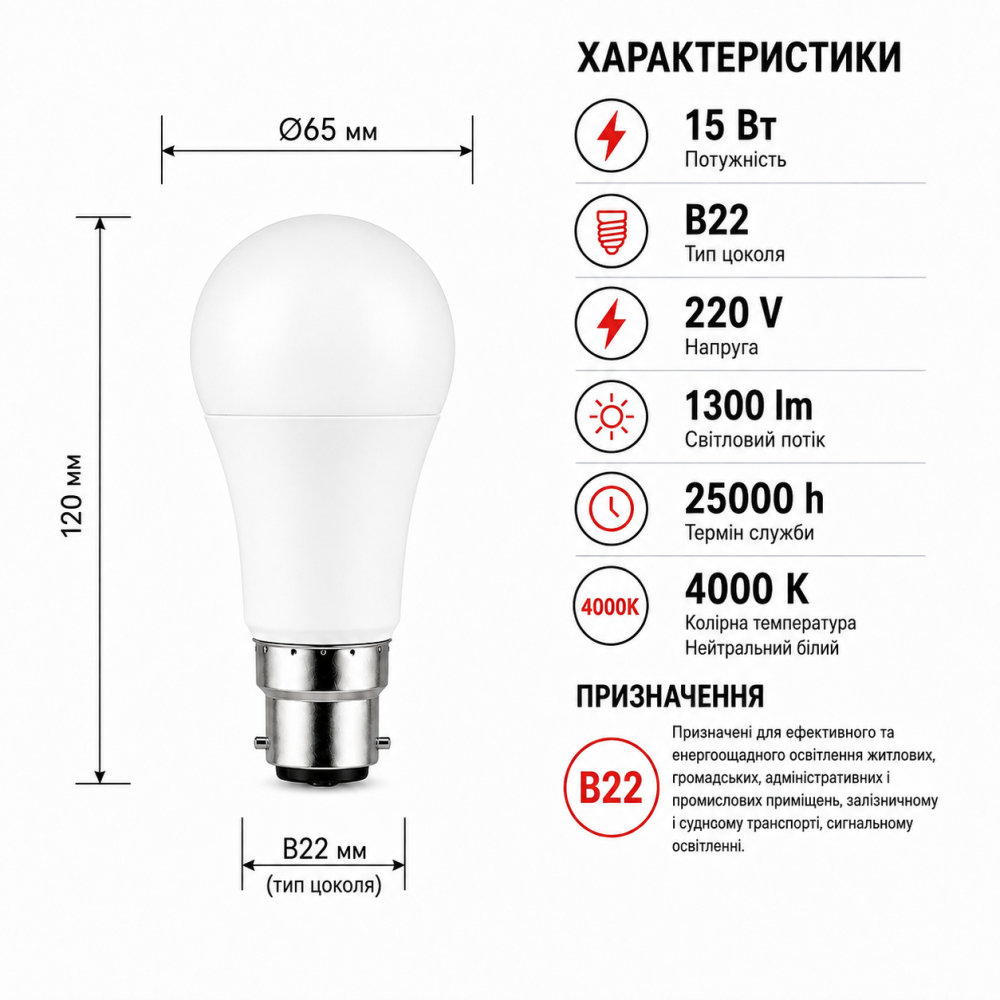 Светодиодная лампа LED A60 220V 15W В22 4000K