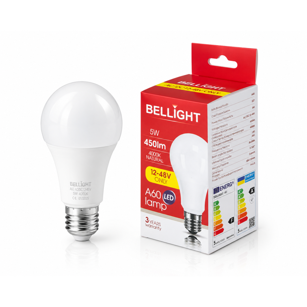 Лампа низковольтная LED A60 12-48V 5W E27 4000K светодиодная