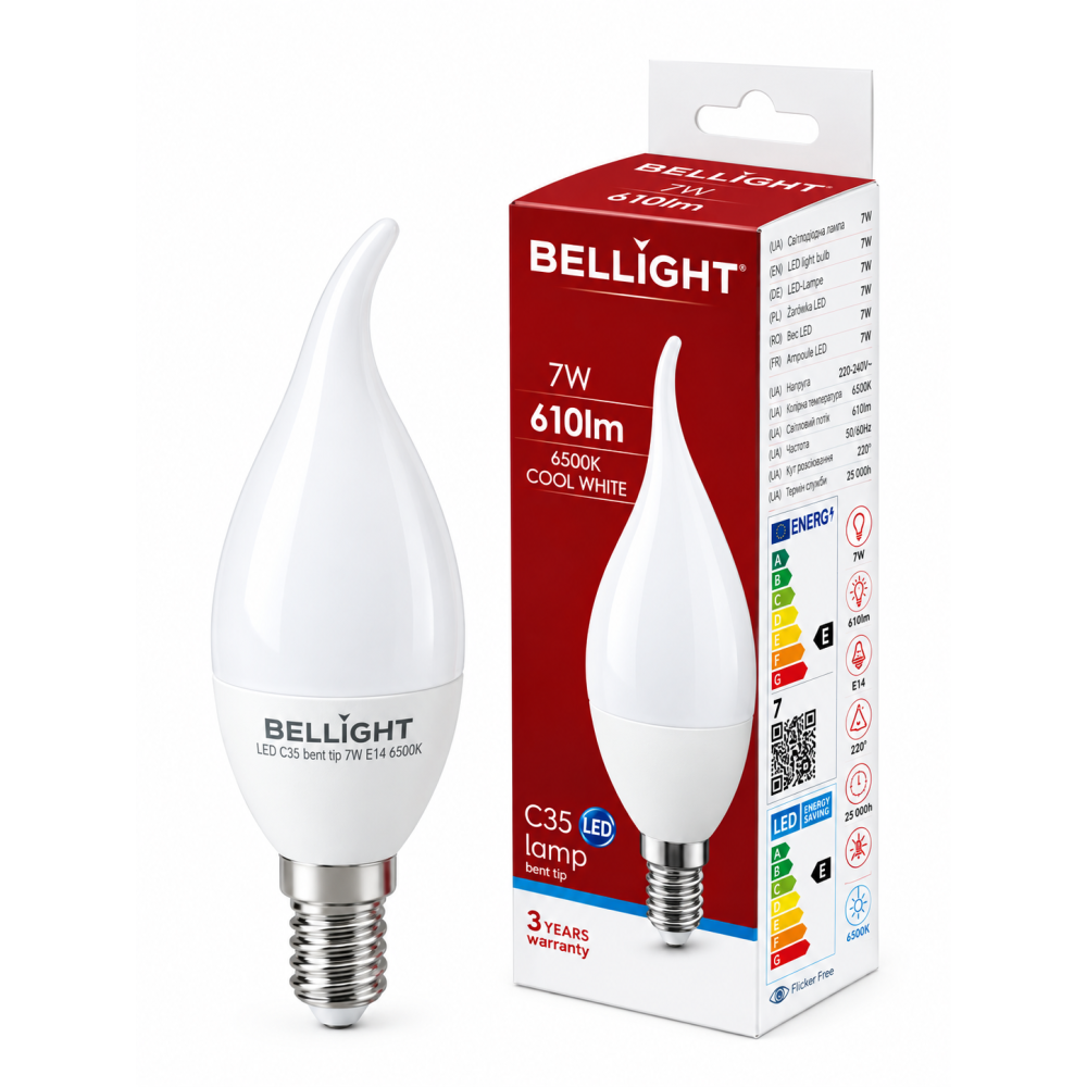 Лампа светодиодная свеча на ветру LED C35 230V 7W E14 6500K tailed
