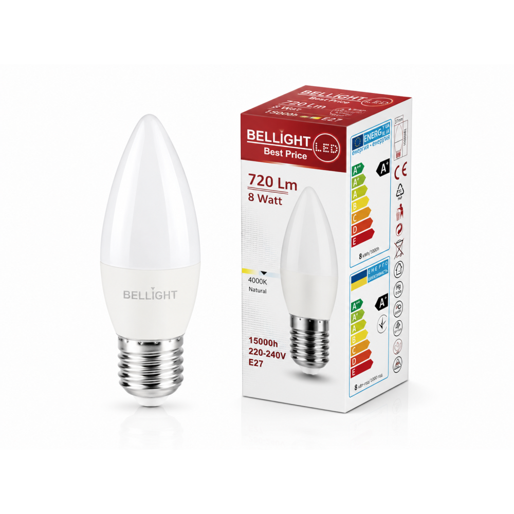 Лампа светодиодная LED C35 230V 8W E27 4000K