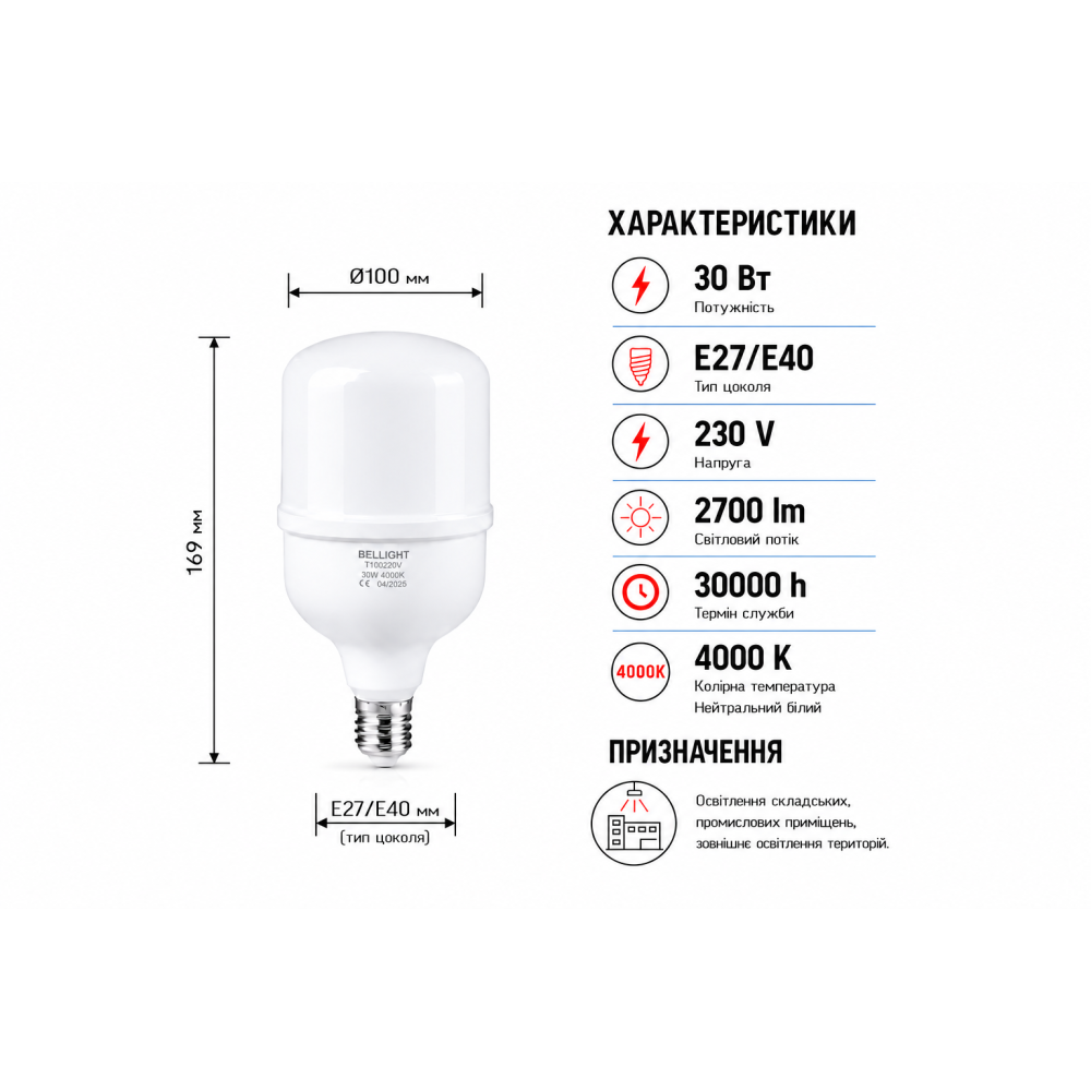 Лампа світлодіодна LED T100 220V/30W 4000K