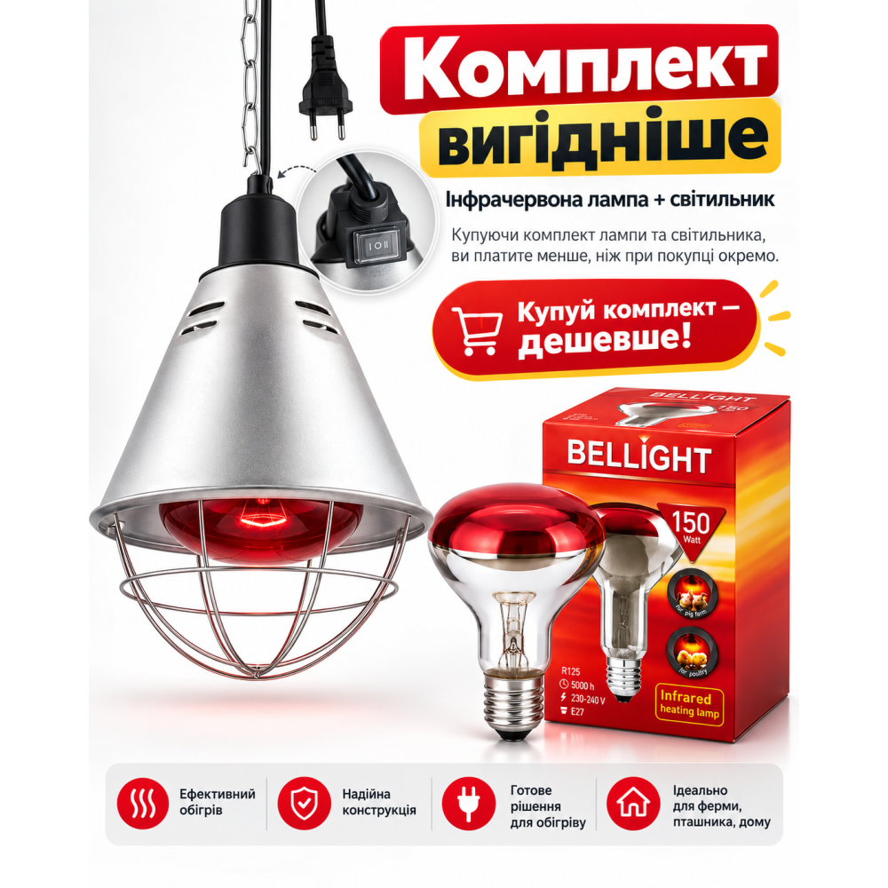 Лампа розжарення інфрачервона R125 230V 150W E27 та захисний світильник