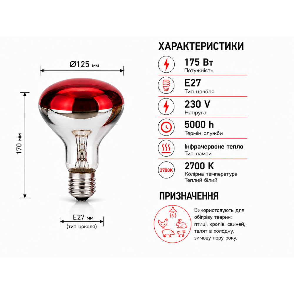 Лампа накаливания инфракрасная R125 230V 175W E27