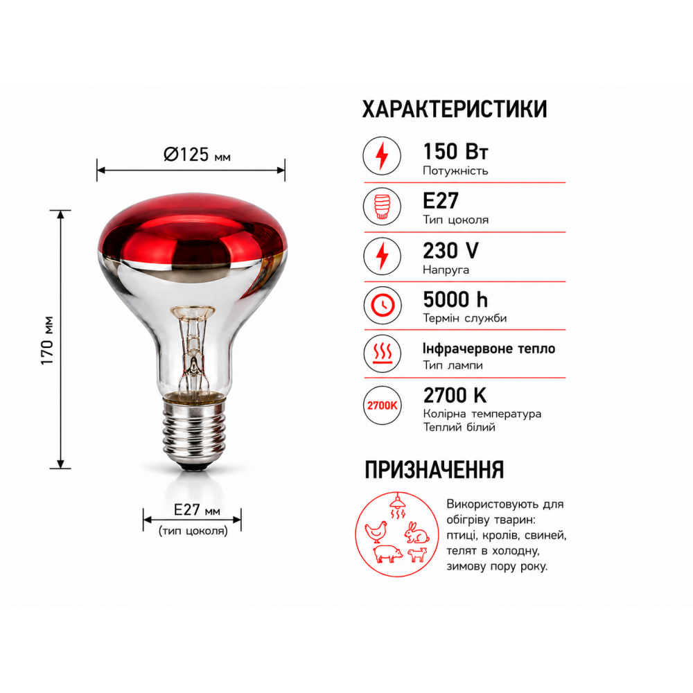 Лампа накаливания инфракрасная R125 230V 150W E27